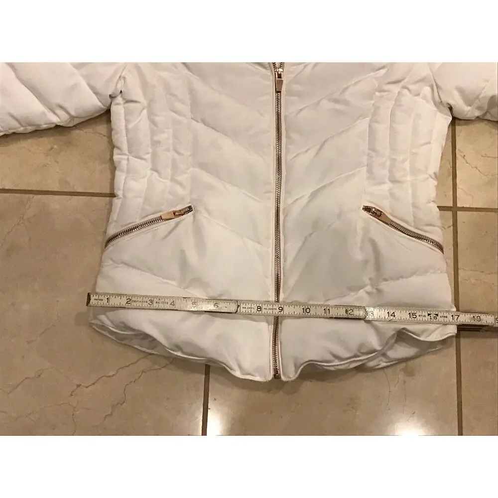 Zara Basic White Winter Coat Full Zip Women Sz M Rose Gold Tone W/Hide Away Hood